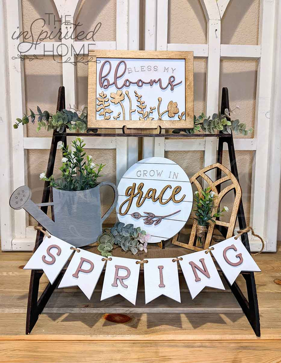 Reverse canvas signs, tiered tray decor, Spring decor, summer
