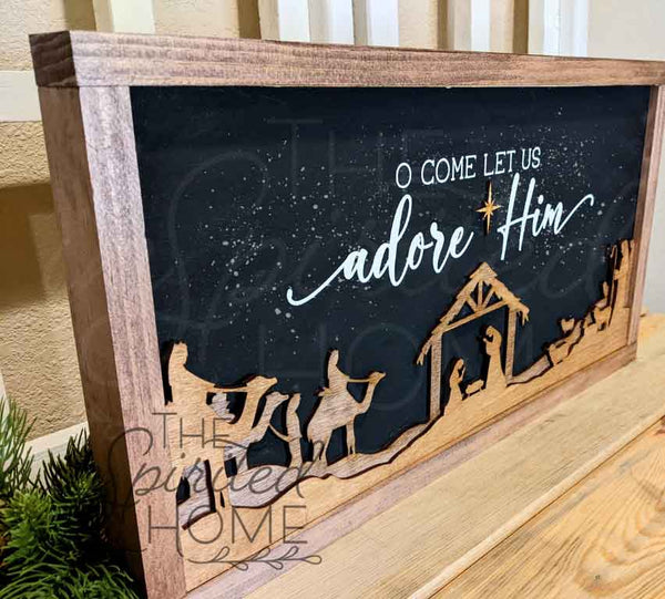 O Come Let Us Adore Him Hymn Sign |  Baby Jesus Manger Scene Mary and Joseph | Wise men Sign | Christmas Nativity Hymn Decor | Wise men and Shepherds Sign 