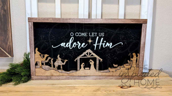 O Come Let Us Adore Him - Nativity 3D Decor |  Baby Jesus Manger Scene Mary and Joseph | Wise men Sign | Christmas Nativity Hymn Decor | Wise men and Shepherds Sign  