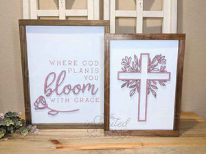 Spring Floral Cross Decor - Where God Plants You Bloom with Grace Sign - Christian Spring Decor