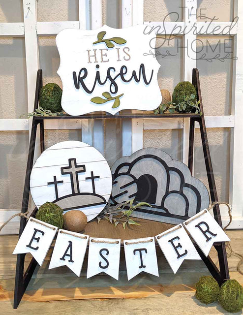 Easter Tiered Tray Decor - He is Risen Sign - Empty Tomb Decor - Resurrection Scene - Religious Easter Decor
