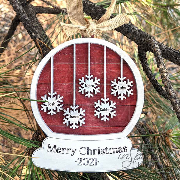 Snow Globe Ornament with Personalized Snowflakes (Red)